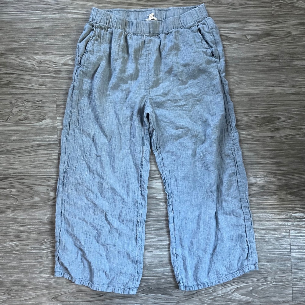 Eileen Fisher Womens Light Blue Organic Linen Wide Leg Cropped Pants Size SP
